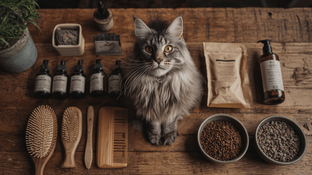 Outils et produits pour entretenir le pelage d’un Maine Coon
