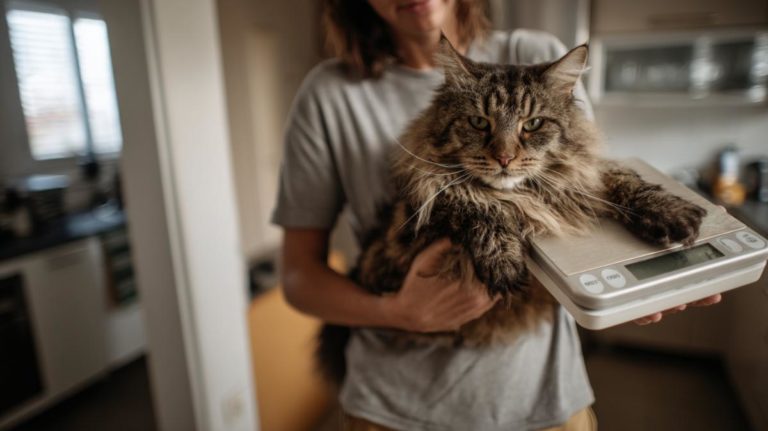 Exemple de pesée d’un Maine Coon à la maison avec une balance standard