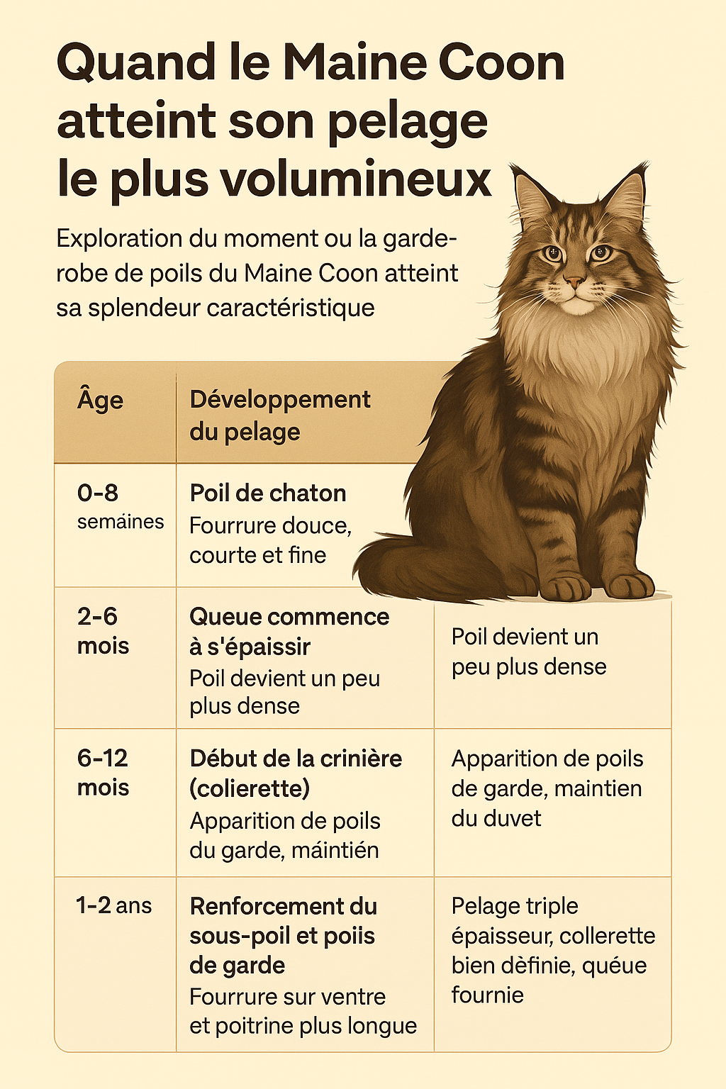 Infographie illustrant les éléments du pelage du Maine Coon et les soins associés