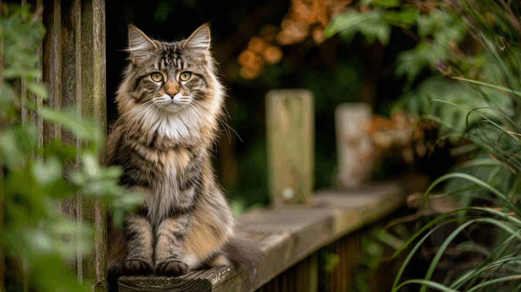 Maine Coon assis sur une clôture en bois dans un jardin sécurisé