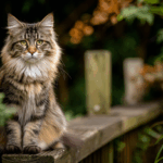 Maine Coon assis sur une clôture en bois dans un jardin sécurisé