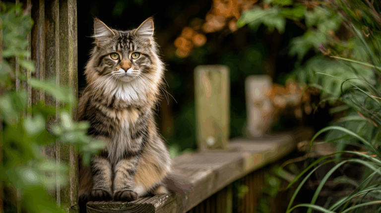 Maine Coon assis sur une clôture en bois dans un jardin sécurisé