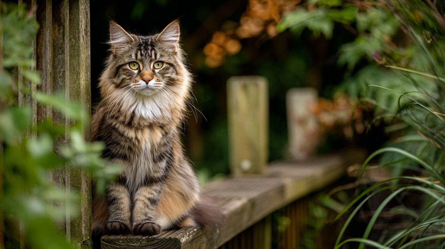 Maine Coon assis sur une clôture en bois dans un jardin sécurisé