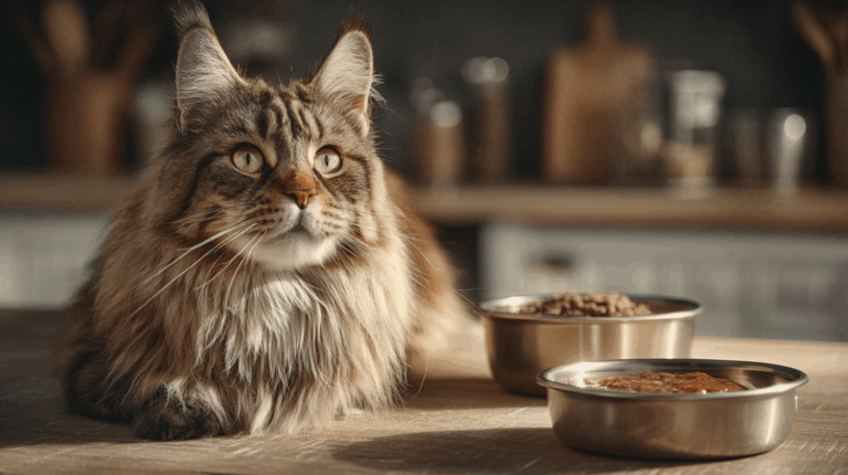 Chat devant deux bols : un de croquettes, un de pâtée