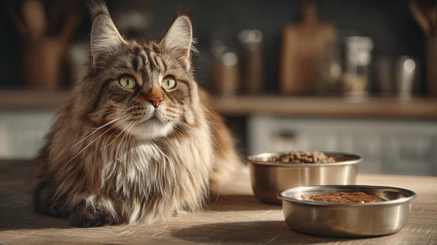 Chat devant deux bols : un de croquettes, un de pâtée