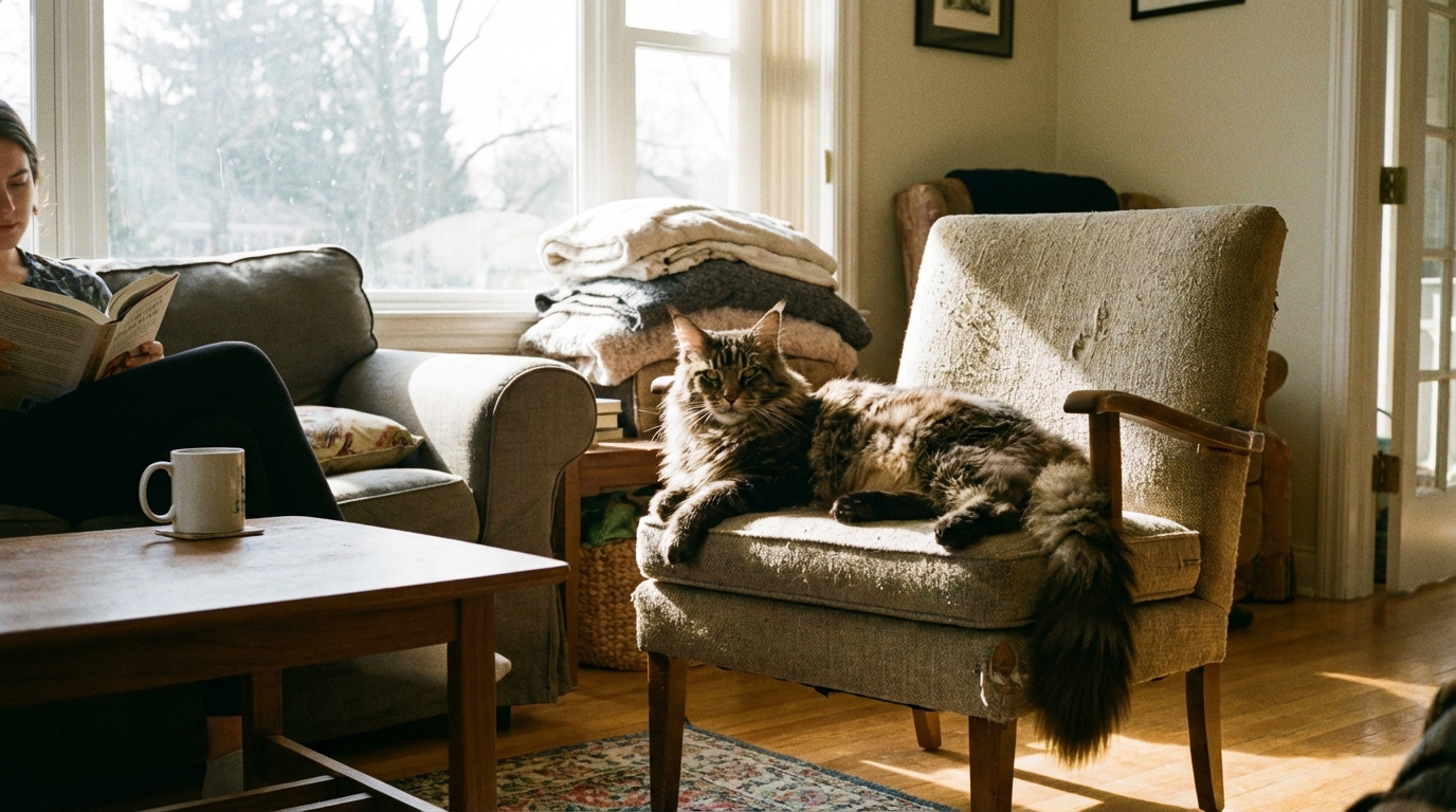 gros chat race maine coon en situation réelle