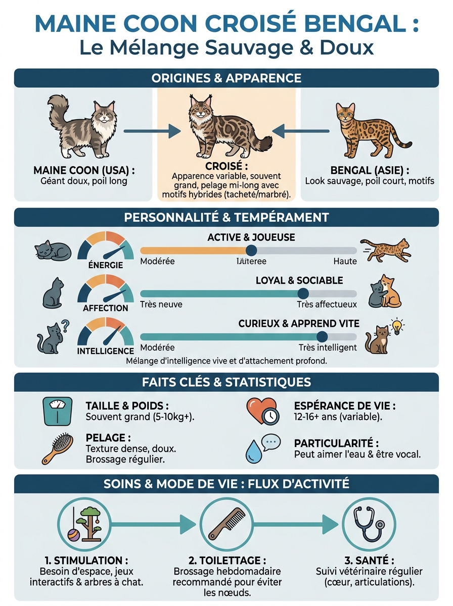 Infographie maine coon croisé bengal