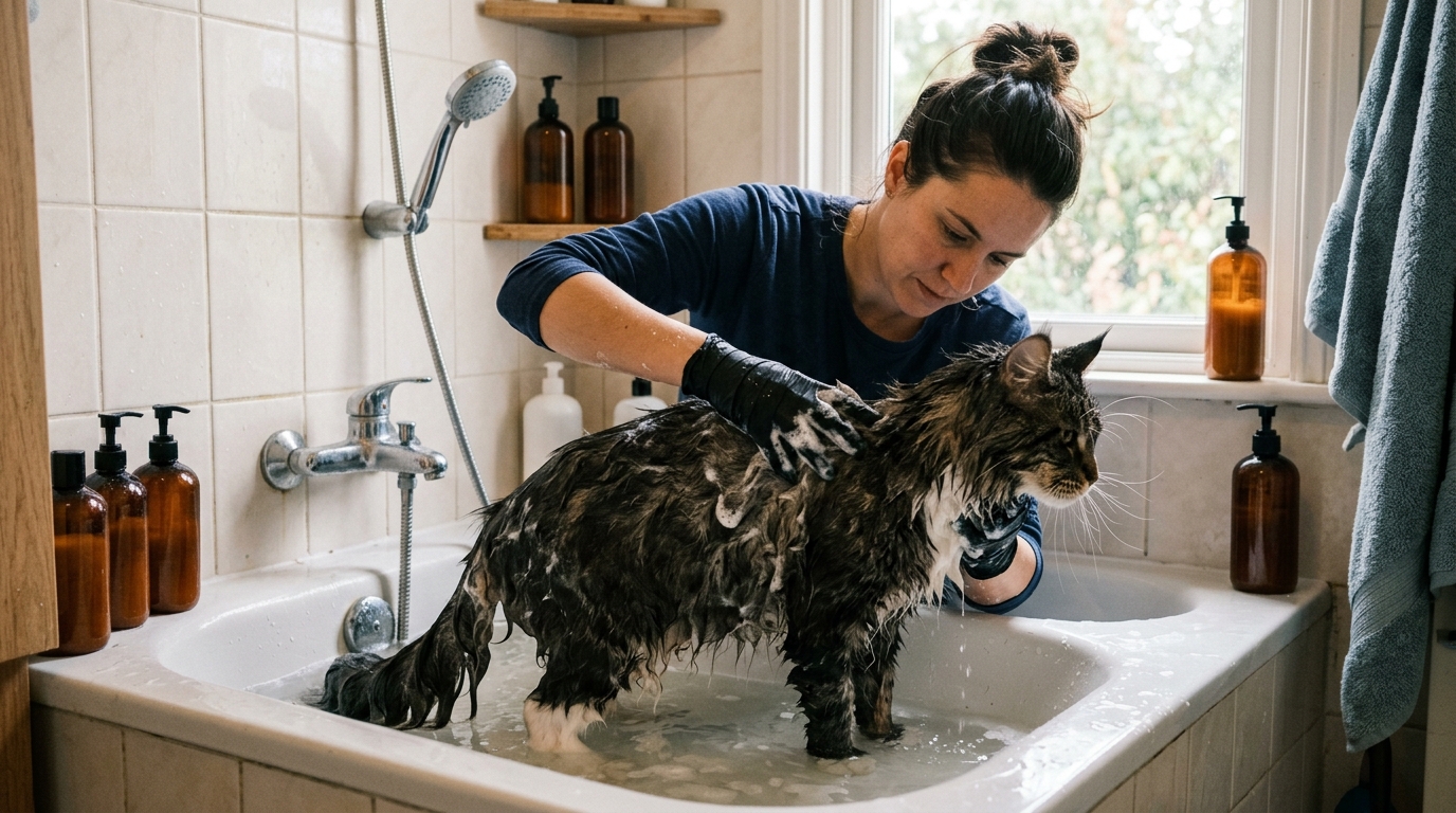 shampoing maine coon en situation réelle